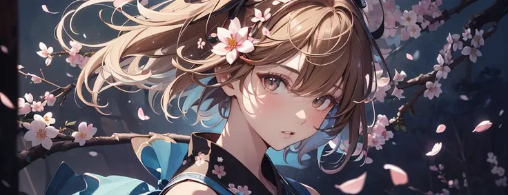 ((masterpiece)), ((ultra-detailed)), pixiv, best shadows, best lighting, best quality, absurdres, highres, cinematic shot, rim lightning, solo, short hair, brown hair, 1girl, petals, looking at viewer, parted lips, flower, brown eyes, sideways, cherry blossoms, bangs, black background, hand up, portrait