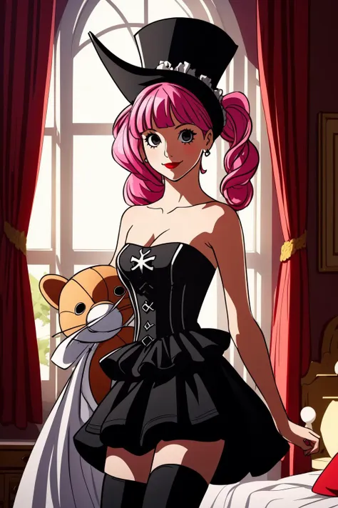 (masterpiece, best quality),  intricate details,
1girl,    <lora:Perona:0.8> Perona, ong hair, pink hair, solo, black eyes, blunt bangs, cleavage, twintails, drill hair, smile, dress, hat, lipstick, ghost, makeup, black dress, bare shoulders, strapless, stuffed toy, collarbone, frills, top hat, skirt, (thighhighs) (complex detailed background, inside, bedroom environment, posters, window), ((small breasts, slim girl, gothic clothing)),