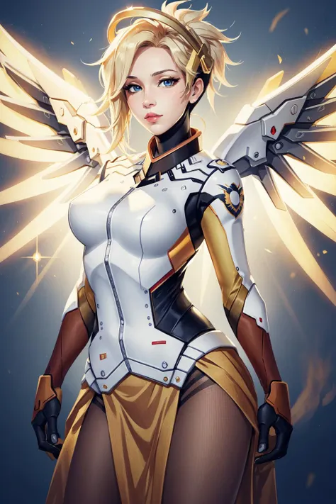 (masterpiece, best quality),  intricate details,
1girl,    <lora:mercy:0.8> 1girl, solo, mercy (overwatch), mechanical halo, breasts, blue eyes, blonde hair, pantyhose, mechanical wings, wings, halo,  holding, bodysuit, cowboy shot,  yellow wings, brown pantyhose, lips, gloves, pelvic curtain, black gloves,