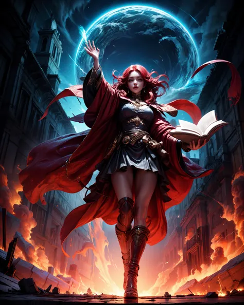 ((best quality)), ((masterpiece:1.2)), (extremely detailed), (8k, high quality, cinematic, hyper realistic, illustration), 8K detailed render of a sorceress, full body:1.4, levitating in a swirling vortex of arcane energy, her crimson cloak billowing like a living flame. An ancient grimoire floats in front of her, its pages fluttering as if caught in an unseen wind, the symbols shining with a blinding light. The magic spills over her surroundings, transforming the once mundane library into an otherworldly realm, filled with floating books and ethereal apparitions, the scene as captivating as a fantasy film's climax <lyco:EnvySuperMix:0.5>, <lora:hipoly_3dcg_v7-epoch:0.35> 3d, realistic, <lora:SakimiChanStyle_V1:0.25>, <lora:add_detail:1> high definition, ultra textures, <lora:detailed_eye_V2:0.25> intricate iris, sharp eyes