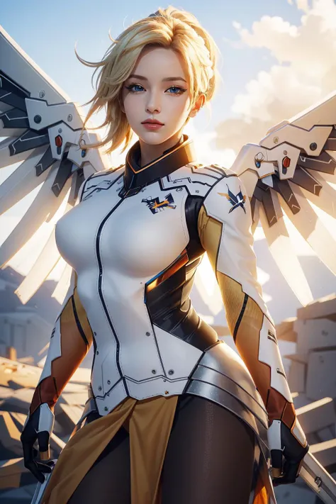 (masterpiece, best quality),  intricate details,
1girl,    <lora:mercy:0.8> 1girl, solo, mercy (overwatch), mechanical halo, breasts, blue eyes, blonde hair, pantyhose, mechanical wings, wings, halo,  holding, bodysuit, cowboy shot,  yellow wings, brown pantyhose, lips, gloves, pelvic curtain, black gloves,