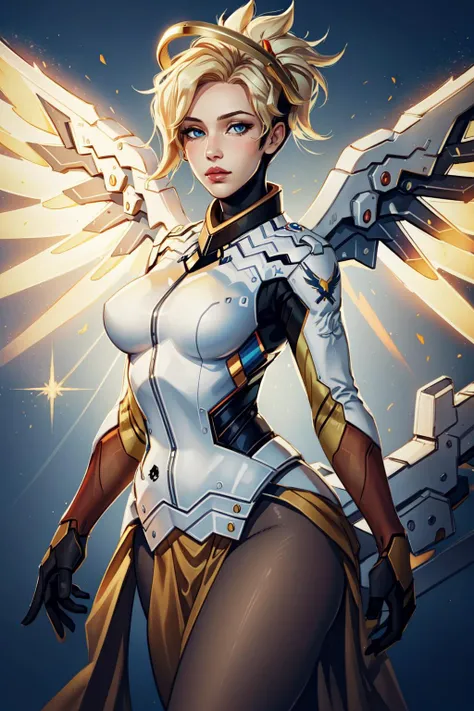 (masterpiece, best quality),  intricate details,
1girl,    <lora:mercy:0.8> 1girl, solo, mercy (overwatch), mechanical halo, breasts, blue eyes, blonde hair, pantyhose, mechanical wings, wings, halo,  holding, bodysuit, cowboy shot,  yellow wings, brown pantyhose, lips, gloves, pelvic curtain, black gloves,