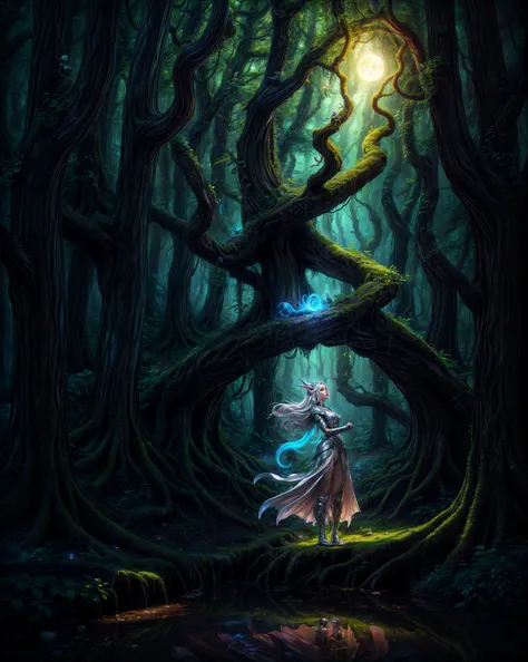 ((best quality)), ((masterpiece:1.2)), (extremely detailed), (8k, high quality, cinematic, hyper realistic, illustration), A full body:1.4, 8K render of an ethereal elven queen, bathed in the luminous glow of bioluminescent flora, her silver hair flowing in the weightlessness of this mystical grove. Donned in intricate armor, reflecting a mix of organic curves and sharp eldritch symbols, iridescent like the inside of a seashell. The forest around her is a surreal dreamscape, the leaves of the trees gleaming under the alien moonlight, their bark glowing with strange runes, an environment as detailed as a hand-painted masterpiece <lyco:EnvySuperMix:0.5>, <lora:hipoly_3dcg_v7-epoch:0.35> 3d, realistic, <lora:SakimiChanStyle_V1:0.25>, <lora:add_detail:1> high definition, ultra textures