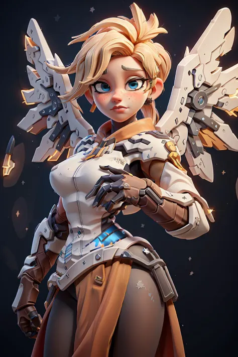 (masterpiece, best quality),  intricate details,
1girl,    <lora:mercy:0.8> 1girl, solo, mercy (overwatch), mechanical halo, breasts, blue eyes, blonde hair, pantyhose, mechanical wings, wings, halo,  holding, bodysuit, cowboy shot,  yellow wings, brown pantyhose, lips, gloves, pelvic curtain, black gloves,