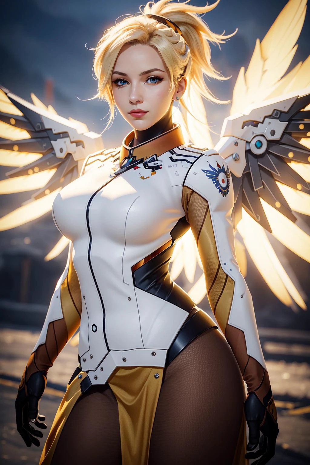 (masterpiece, best quality), intricate details,
1girl, <lora:mercy:0.8> 1girl, solo, mercy (overwatch), mechanical halo, breasts, blue eyes, blonde hair, pantyhose, mechanical wings, wings, halo, holding, bodysuit, cowboy shot, yellow wings, brown pantyhose, lips, gloves, pelvic curtain, black gloves,