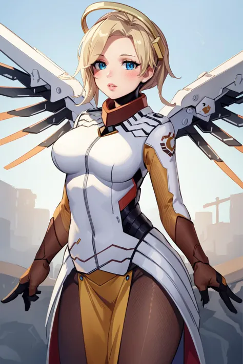 (masterpiece, best quality), intricate details,
1girl, <lora:mercy:0.8> 1girl, solo, mercy (overwatch), mechanical halo, breasts, blue eyes, blonde hair, pantyhose, mechanical wings, wings, halo, holding, bodysuit, cowboy shot, yellow wings, brown pantyhose, lips, gloves, pelvic curtain, black gloves,