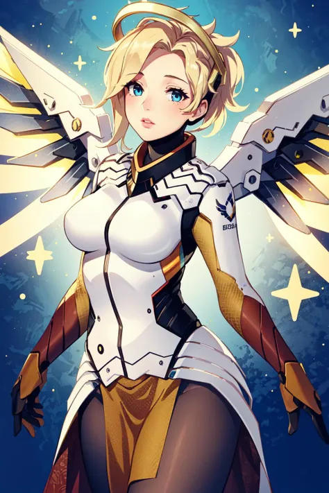 (masterpiece, best quality),  intricate details,
1girl,    <lora:mercy:0.8> 1girl, solo, mercy (overwatch), mechanical halo, breasts, blue eyes, blonde hair, pantyhose, mechanical wings, wings, halo,  holding, bodysuit, cowboy shot,  yellow wings, brown pantyhose, lips, gloves, pelvic curtain, black gloves,