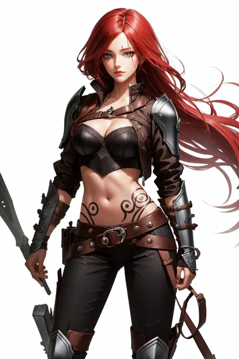 (masterpiece, best quality), intricate details,
1girl, <lora:katarina-nvwls-v2:0.8> katarina, armor, tattoo, cropped jacket, cleavage, bustier, midriff, belt, black pants, boots,