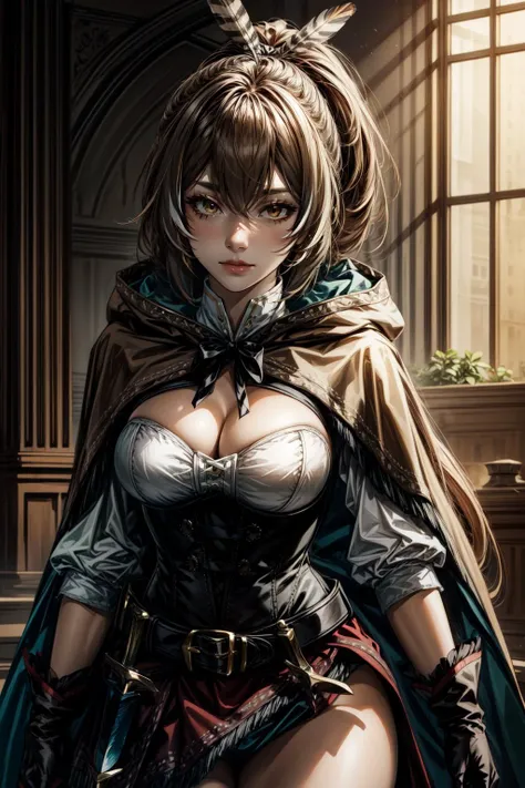 (masterpiece, best quality), intricate details,
1girl, <lora:mumei:0.8> nanashi mumei, shirt, corset, cleavage cutout, red skirt, single thighhigh, cloak, ribbon, ponytail, very long hair, hairclip, feathers, knife, belt, partially fingerless gloves,
<lora:more_details:0.5> <lora:add_detail:0.6> <lora:Elixir:0.5>
