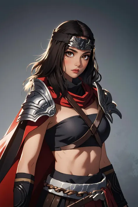 (masterpiece, best quality),  intricate details,
1girl,    <lora:Nepheli:0.8>  Nepheli,brown eyes,black hair, black cowl, metal headband, dark make-up, 
 <lora:ARWromanarmy:0.8> romanarmy,  roman armor, boobplate, cape, helmet,