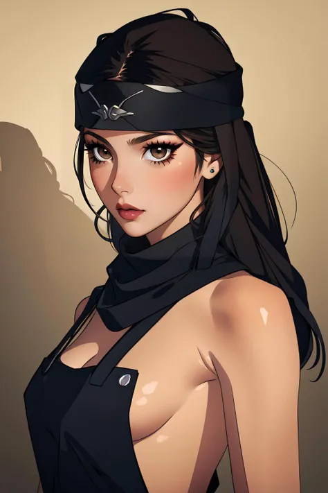 (masterpiece, best quality), intricate details,
1girl, <lora:Nepheli:0.8> Nepheli,brown eyes,black hair, black cowl, metal headband, dark make-up,
<lora:kirlia_v1:0.8> naked overalls, bare shoulders,
