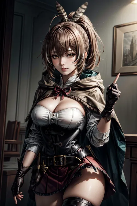 (masterpiece, best quality), intricate details,
1girl, <lora:mumei:0.8> nanashi mumei, shirt, corset, cleavage cutout, red skirt, single thighhigh, cloak, ribbon, ponytail, very long hair, hairclip, feathers, knife, belt, partially fingerless gloves,
<lora:more_details:0.5> <lora:add_detail:0.6> <lora:Elixir:0.5>