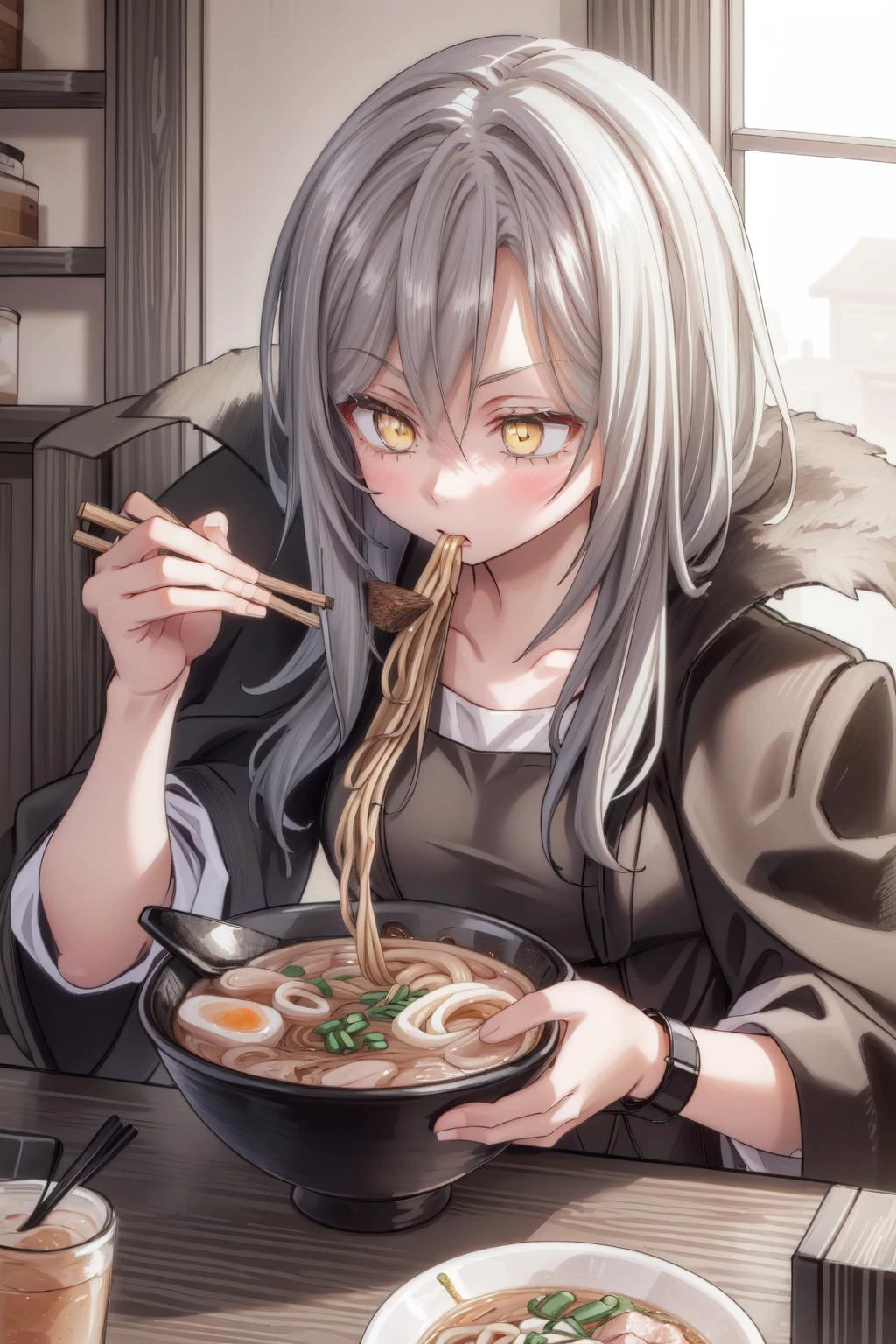 (masterpiece, best quality), intricate details,
1girl. <lora:carmane:0.8> long hair, solo 1girl , white hair, yellow eyes,,
<lora:ramen_v4:0.8> ramen, chopsticks, eating,