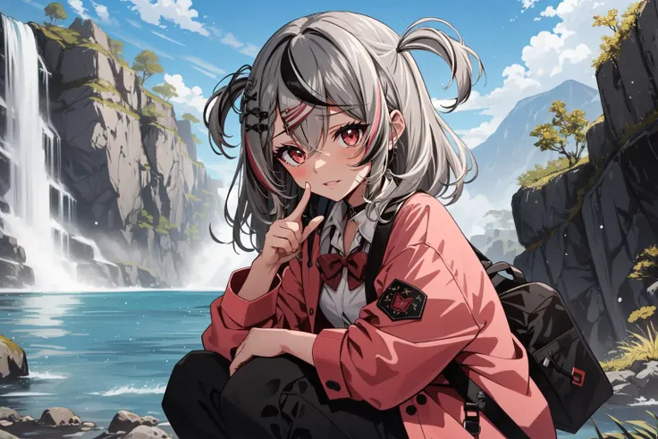 (masterpiece, best quality), intricate details
1girl, <lora:SakamataSchoolUniform:0.8> sakamata, two side up, silver hair, black streaked hair, collared shirt, pink jacket, red bowtie,
squatting pointing to self, rocks, waterfall,