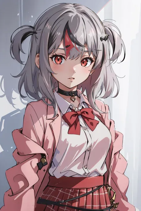 (masterpiece, best quality), intricate details
(1girl),<lora:SakamataSchoolUniform:0.8> sakamata, two side up, silver hair, black streaked hair, collared shirt, pink jacket, red skirt, red bowtie, 
 <lora:kda_v2:0.6>