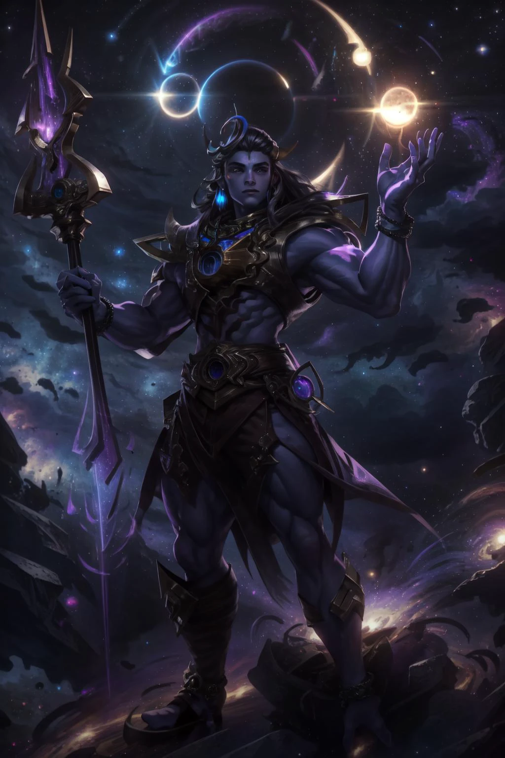 (masterpiece, best quality), intricate details,
<lora:shiva_v1:0.8> jewelry,male focus,long hair,purple skin,muscular,
<lora:darkstar-style:0.6> darkstar style, glowing, space, planet, star /(sky/), black hole,