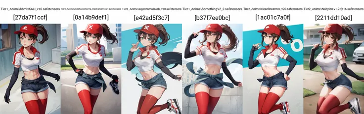(masterpiece, best quality), intricate details
1girl, <lora:sivir-nvwls-v2:0.8> pdsivir, baseball cap, ponytail, white crop top, elbow gloves, short shorts, clothes around waist, red thighhighs, sneakers,