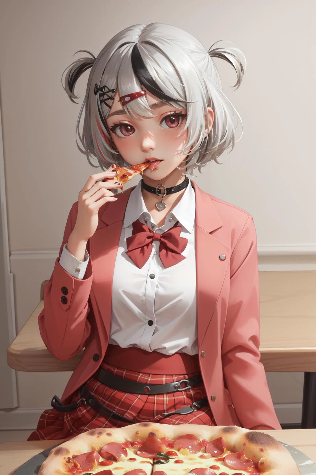 (masterpiece, best quality), intricate details
(1girl),<lora:SakamataSchoolUniform:0.8> sakamata, two side up, silver hair, black streaked hair, collared shirt, pink jacket, red skirt, red bowtie,
<lora:mypizza:0.8> pizza, eating pepperoni pizza, sitting at table, pizza on table,