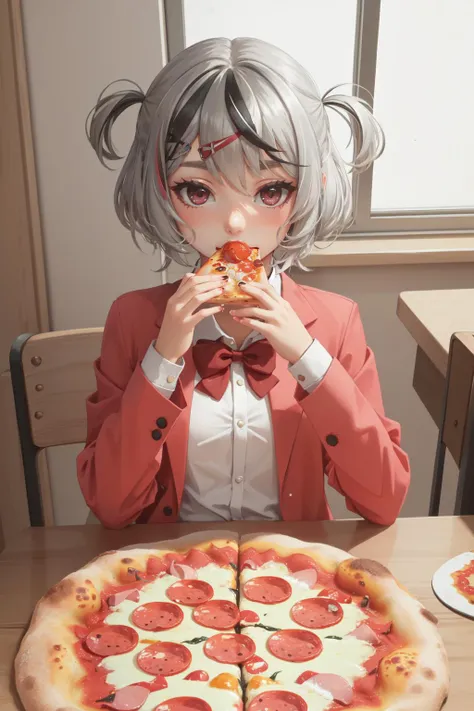 (masterpiece, best quality), intricate details
(1girl),<lora:SakamataSchoolUniform:0.8> sakamata, two side up, silver hair, black streaked hair, collared shirt, pink jacket, red skirt, red bowtie,
<lora:mypizza:0.8> pizza, eating pepperoni pizza, sitting at table, pizza on table,