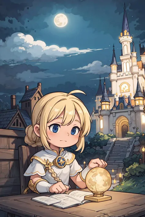 ((best quality, masterpiece)),  ((style-swirlmagic):0.5)
1girl, white and gold armor, blonde braided hair, moon light , ((full moon):0.5),  outdoor, clouds on background,fantasy, medieval, castle on background
<lora:more_details:0.5>
