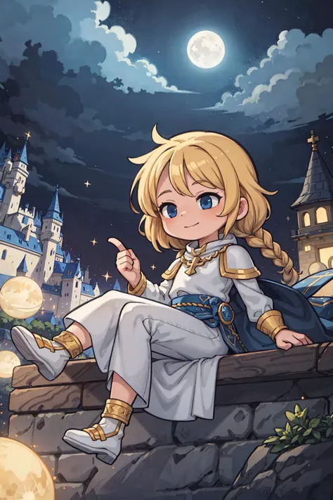 ((best quality, masterpiece)), ((style-swirlmagic):0.5)
1girl, white and gold armor, blonde braided hair, moon light , ((full moon):0.5), outdoor, clouds on background,fantasy, medieval, castle on background
<lora:more_details:0.5>