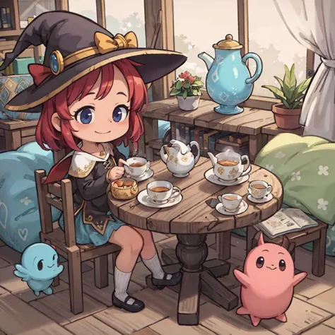 ((masterpiece, best quality)), ((style-swirlmagic):0.4), 
1girl, witch tea party, wooden table , cute, happy, vibrant, colorful,  fantasy,
<lora:more_details:0.5>