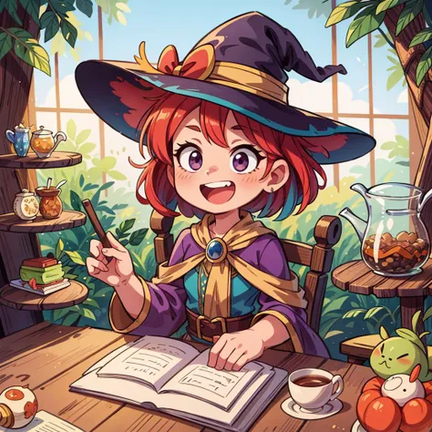 ((masterpiece, best quality)), ((style-swirlmagic):0.4), 
1girl, witch tea party, wooden table , cute, happy, vibrant, colorful,  fantasy,
<lora:more_details:0.5>