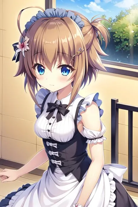 masterpiece, best quality, 1girl, solo, shikimiya mana\(re:stage\), ahoge, blue eyes, short hair, orange hair, medium breasts, hairclip\(shikimiya mana\), maid, maid headdress, cafe, <lora:shikimiya mana3:1:MIDD>