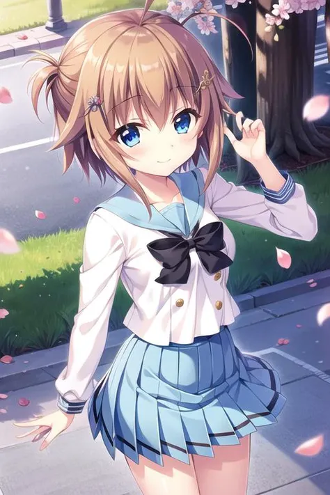 masterpiece, best quality, 1girl, solo, shikimiya mana\(re:stage\), ahoge, short hair, orange hair, blue eyes, hairclip\(shikimiya mana\), school uniform, sailor collar, blue sailor collar, pleated skirt, blue skirt, medium breasts, cherry blossoms, petals, flying petals, the last radiance of the setting sun, <lora:shikimiya mana3:0.8:MIDD>