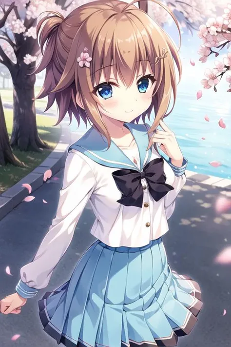 masterpiece, best quality, 1girl, solo, shikimiya mana\(re:stage\), ahoge, short hair, orange hair, blue eyes, hairclip\(shikimiya mana\), school uniform, sailor collar, blue sailor collar, pleated skirt, blue skirt, medium breasts, cherry blossoms, petals, flying petals, <lora:shikimiya mana3:0.8:MIDD>