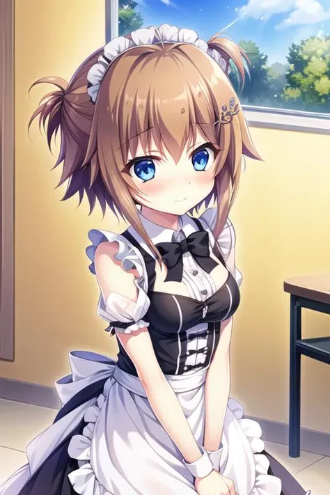 masterpiece, best quality, 1girl, solo, shikimiya mana\(re:stage\), ahoge, blue eyes, short hair, orange hair, medium breasts, hairclip\(shikimiya mana\), maid, maid headdress, cafe, embarrassed, shy, blush, <lora:shikimiya mana3:1:MIDD>