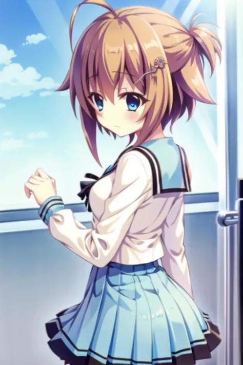 masterpiece, best quality, 1girl, solo, shikimiya mana\(re:stage\), ahoge, short hair, orange hair, blue eyes, hairclip\(shikimiya mana\), school uniform, sailor collar, blue sailor collar, pleated skirt, blue skirt, medium breasts, looking back, <lora:shikimiya mana3:1>