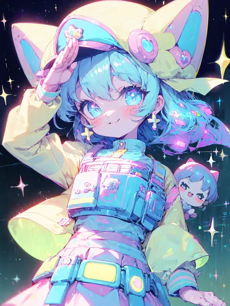 best quality,<lora:add_detail:0.1>, (1girl, solo, child:1.2, little girl), <lora:concept_goodHands:1>,<lora:detailed_eyes:1>,
<lora:concept_kawaiiTech_(kawaiitech--pastel--kawaii):0.9>, kawaiitech, kawaiitech police, kawaiitech police hat, pastel jacket, cute smile, salute, kawaiitech utility belt, kawaiitech bulletproof vest,