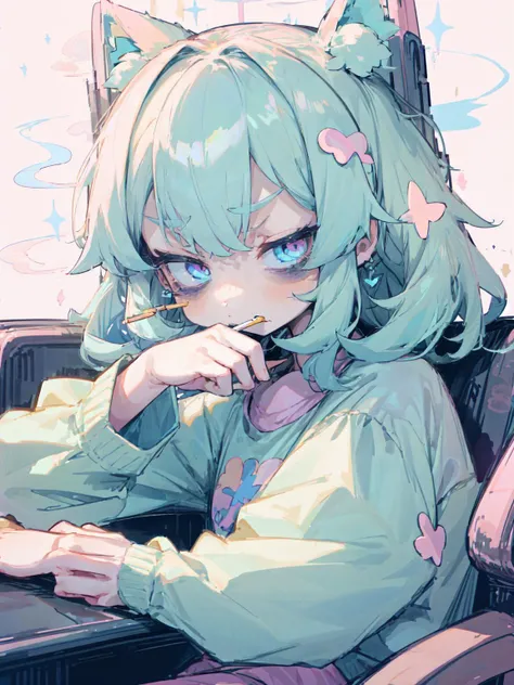 best quality,<lora:add_detail:0.3>, (1girl, solo, child), <lora:concept_goodHands:1>,
<lora:concept_kawaiiTech_(kawaiitech--pastel--kawaii):0.9>, kawaiitech, smoking, slumped in chair, pastel clothes, frown, smoking cigarette, kawaiitech cigarette, smoke,
<lora:concept_bagsUnderEyes_v10_(Bags under eyes):1>, bags under eyes,
