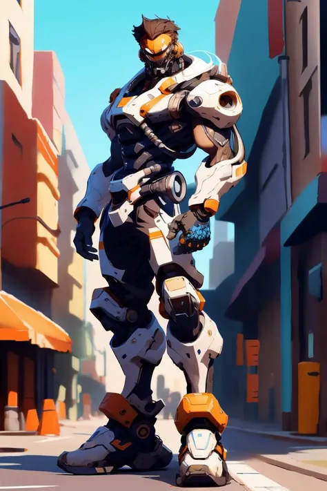 masterpiece, best quality, 1boy, fullbody, exosuit, street in background, <lora:nijiarmor:0.8>