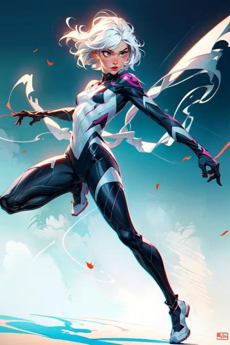 (1girl, full body), action scene, dynamic pose, spider gwen, white hair, Cute Loose Bob hairstyle, red lips, small s, toned, dramatic lighting, (photorealistic:1.4), (photorealism:1.5), (8k, RAW photo, highest quality, masterpiece), ultra-high resolution, physics-based rendering, <lora:add_detail:1>