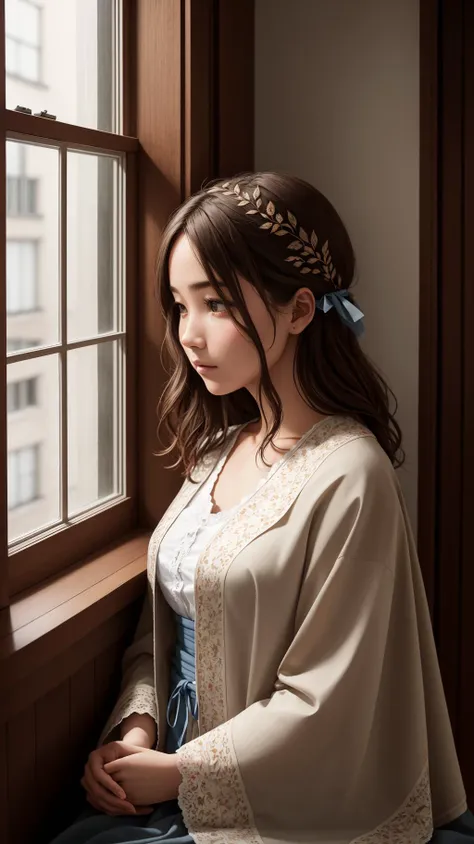 indoors with a window in the background, detailed cloth texture, (top quality), portrait shot
