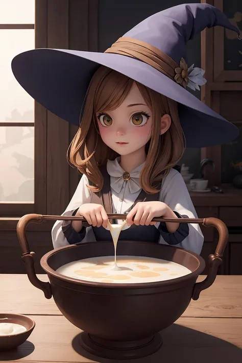 (masterpiece), best quality, high resolution, highly detailed, detailed background, perfect lighting, the witch with a cauldron full of condensed milk