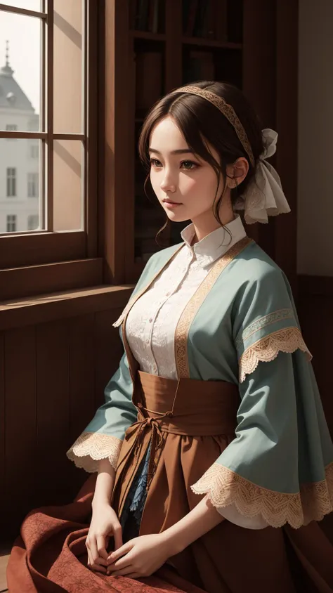 indoors with a window in the background, detailed cloth texture, (top quality), portrait shot