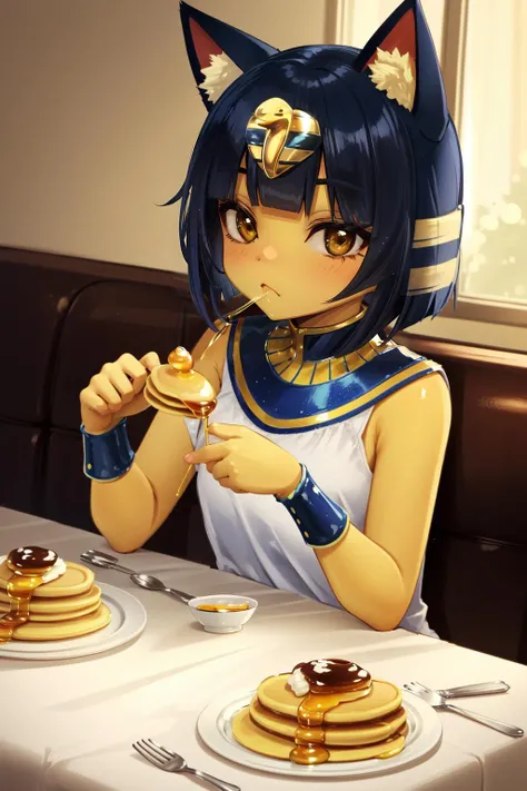 (masterpiece, best quality), intricate details,
1girl, <lora:Ankha_v2_RT_e6_R-128:0.8> ankha, yellow skin, cat ears, egyptian,
diner, sitting at table, food, pancakes, syrup, breakfast, eating,