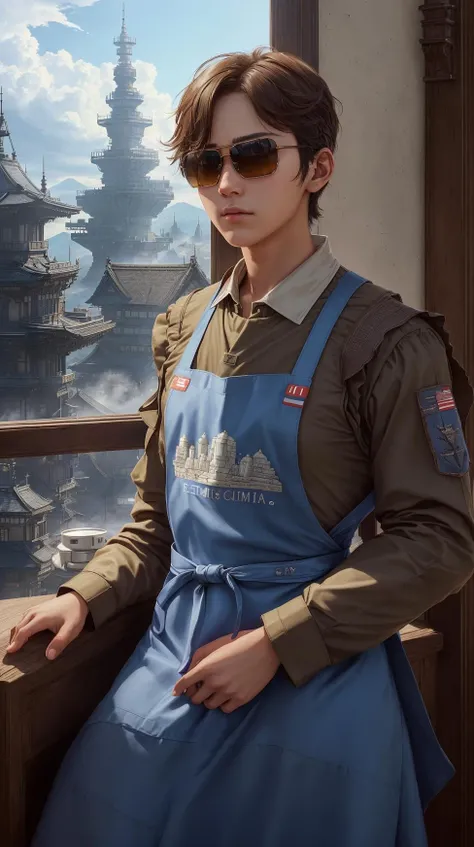 (high detailed skin:1.2, (1boy in mobile suit)), supreme quality, Fujiyama, Bloodborne, dslr, rutkowski, detailed background, looking at viewer, peering over sunglasses, epic realistic, cozy contemporary living room, ((apron over simple dress)), fantasy city