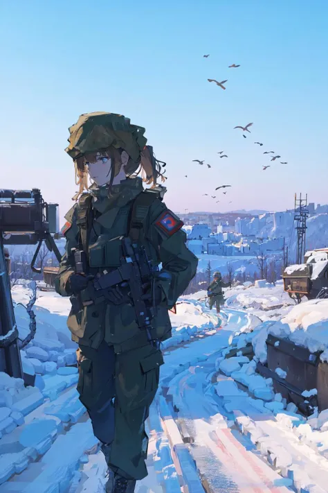 1girl, solo, militaryru, <lora:militarytyan:1>, war, ruins, military base, running, <lora:Sky:1>