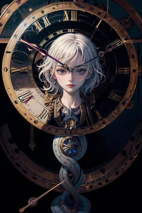 ((clock background:1.7)), ((a girl trapped in time:1.3)), intricate details illuminated by a soft and eerie glow, (clock's minute hand moves with precision, hour hand follows in steady rhythm, marking the passage of time), (Time seems to bend and twist, creating a sense of disorientation and wonder:1.4),
an air of mystery and intrigue,
(masterpiece, best quality), ((Mystery, Fantasy)), modern art, abstract, abstract background, muted colors, dim colors, Desaturated tones, cinematic lighting, <lora:add_detail:0.5>, <lora:LowRA:0.3>