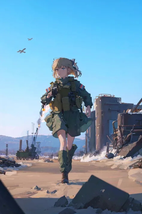 1girl, solo, militaryru, <lora:militarytyan:1>, war, ruins, military base, running, <lora:Sky:1>