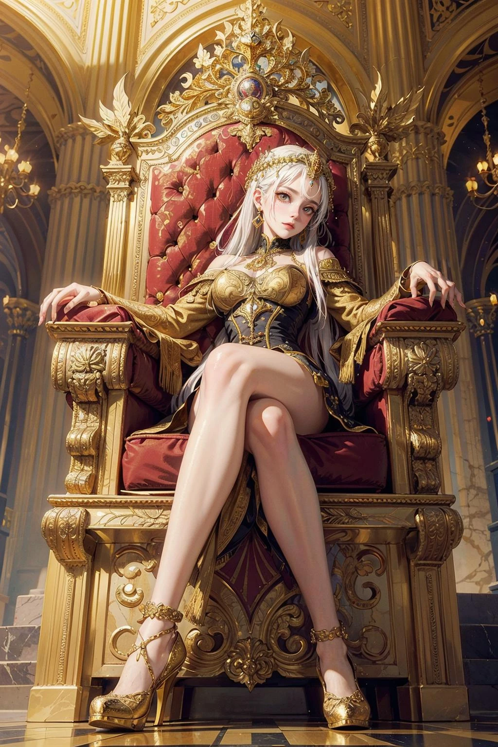 medieval fantasy, (masterpiece, best quality), (from front:1.4), full body, (1girl, solo), white hair, gold eyes, throne,
((in kingdom, Baroque architecture with majestic and ornate, intricate detail,
curved and concave style design, gilded elements and bronze embellishments elaborate decoration, Marble Decorations)),