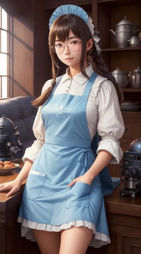 (high detailed skin:1.2, (1girl in mobile suit)), supreme quality, Fujiyama, Bloodborne, dslr, rutkowski, detailed background, looking at viewer, peering over sunglasses, epic realistic, cozy contemporary living room, ((apron over simple dress)), fantasy city