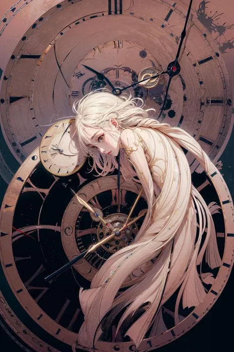 ((clock background:1.7)), ((a girl trapped in time:1.3)), intricate details illuminated by a soft and eerie glow, (clock's minute hand moves with precision, hour hand follows in steady rhythm, marking the passage of time), (Time seems to bend and twist, creating a sense of disorientation and wonder:1.4),
an air of mystery and intrigue,
(masterpiece, best quality), ((Mystery, Fantasy)), modern art, abstract, abstract background, (muted colors, dim colors, soothing tones:1.3), cinematic lighting, <lora:add_detail:0.5>