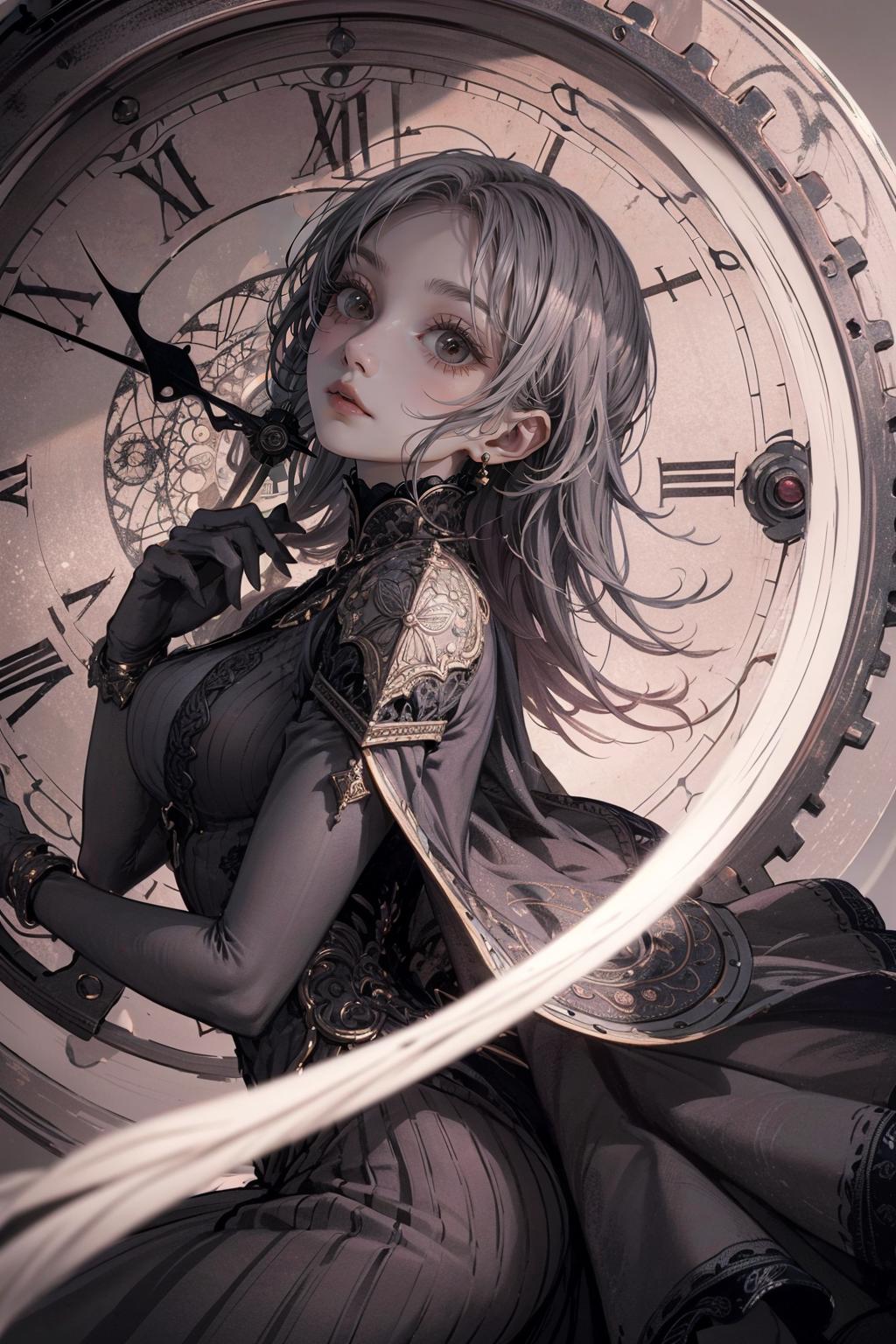 A close up of a woman holding a clock with a sword - SeaArt AI