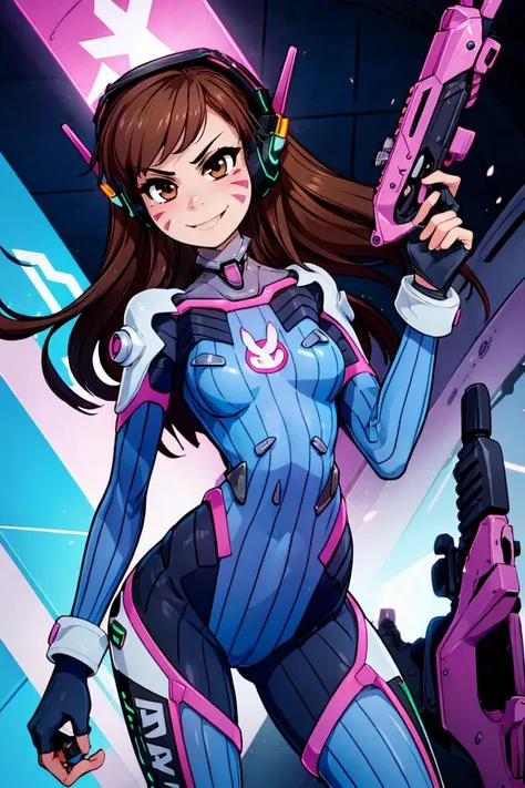 0((masterpiece,best quality)), aahana, long hair, brown hair, headphones, whisker markings, shoulder pads, blue bodysuit, ribbed bodysuit, animal print, clothes writing, long sleeves, white gloves, <lora:d.va_v1:0.8>, cowboy shot, standing, holding weapon, handgun, smile, cyberpunk,