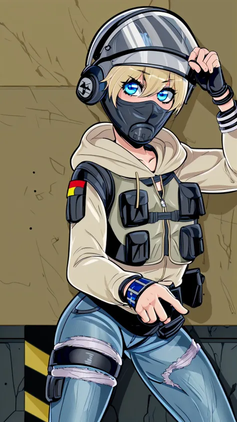 <lora:iqr6-guy-v2:0.8> iqr6, mask, 1girl, blonde hair, short hair, blue eyes, helmet, face shield, vest, bulletproof vest, gloves, hoodie, long sleeves, jeans, holster, headphones, fingerless gloves, bracelet, german flag, germany